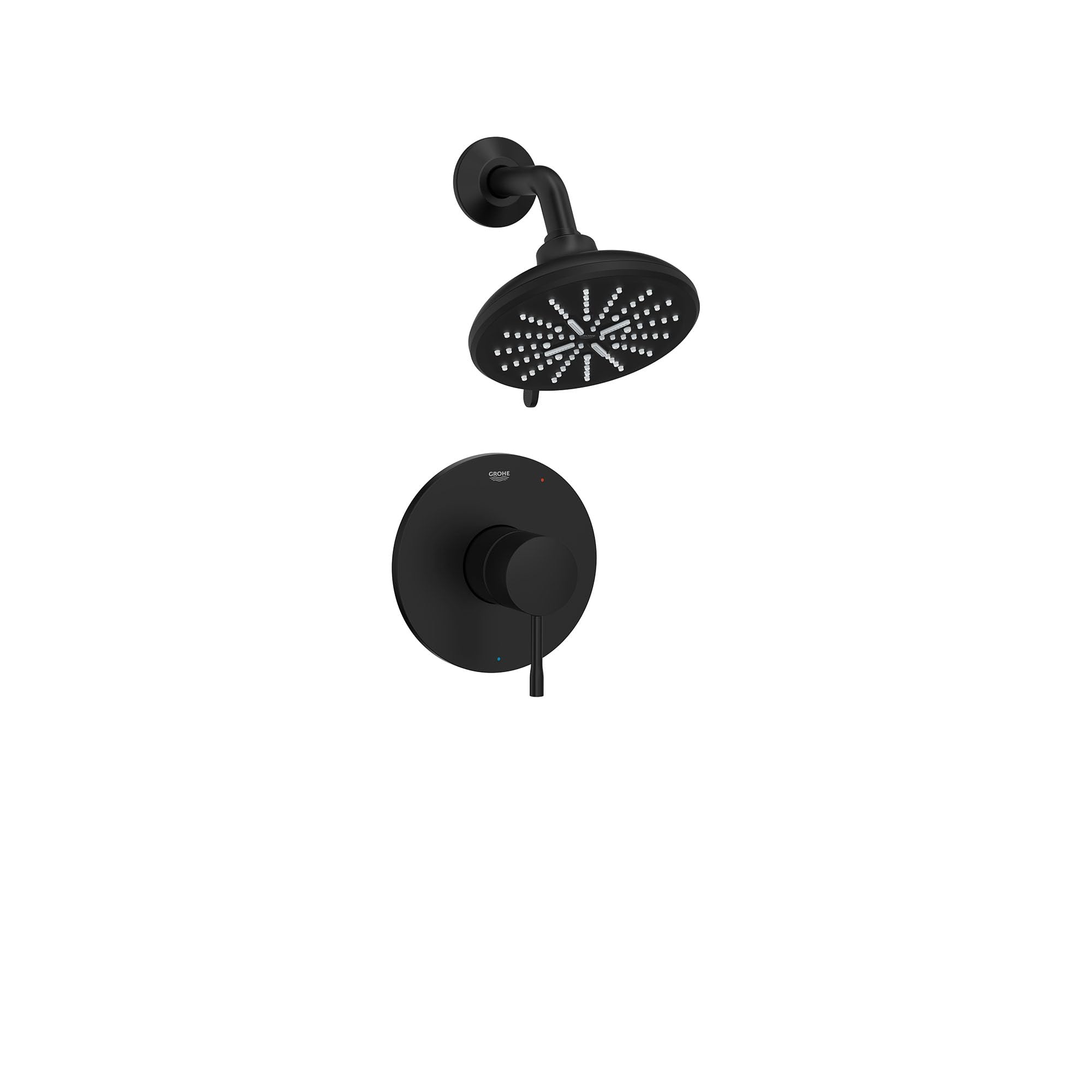 Matte black shower valve trim with round wall plate, lever handle, and perforated showerhead.