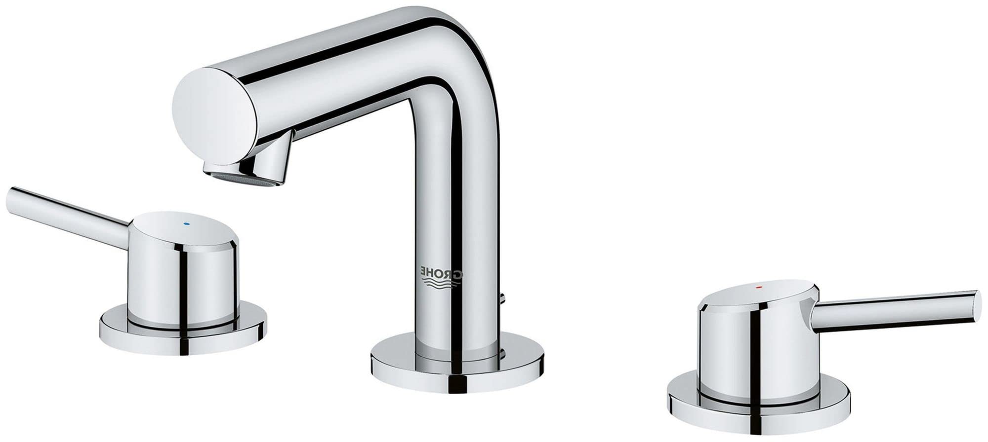 Grohe Concetto widespread bathroom faucet with curved spout and two cylindrical handles in polished chrome finish.