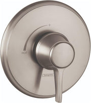 Round brushed nickel shower valve trim with single lever handle, temperature dial marked with "HOT" and "0" indicator.