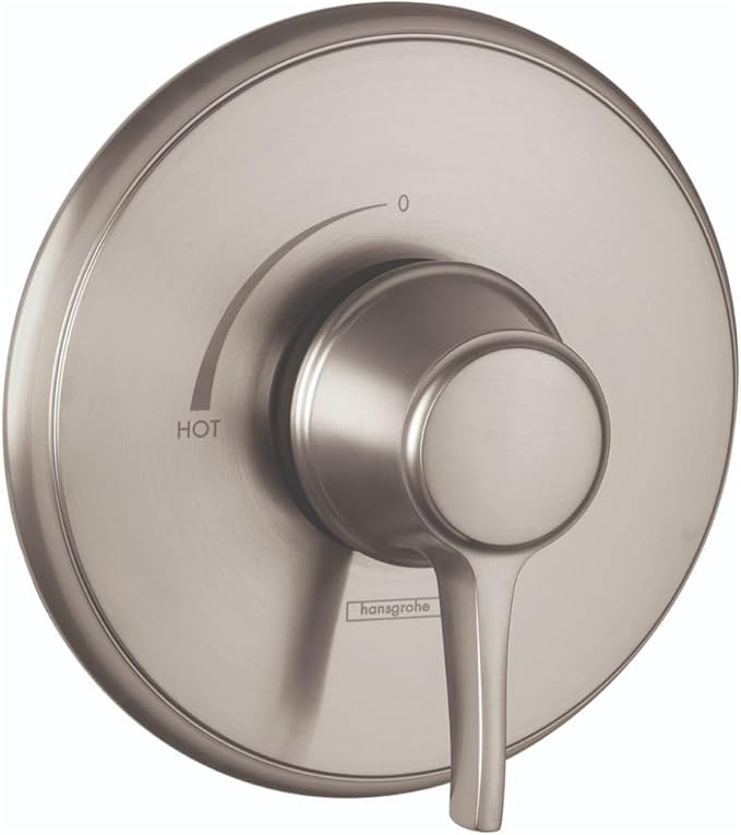 Round brushed nickel shower valve trim with single lever handle, temperature dial marked with "HOT" and "0" indicator.