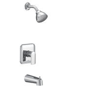 Chrome showerhead with curved arm, valve trim with single handle, and tub spout.