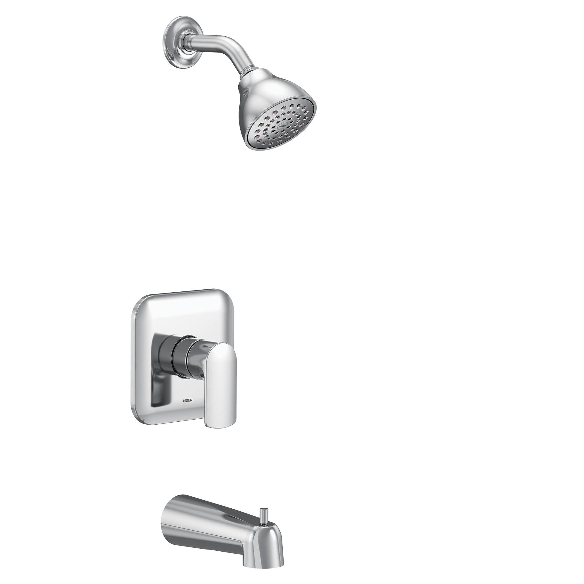 Chrome showerhead with curved arm, valve trim with single handle, and tub spout.
