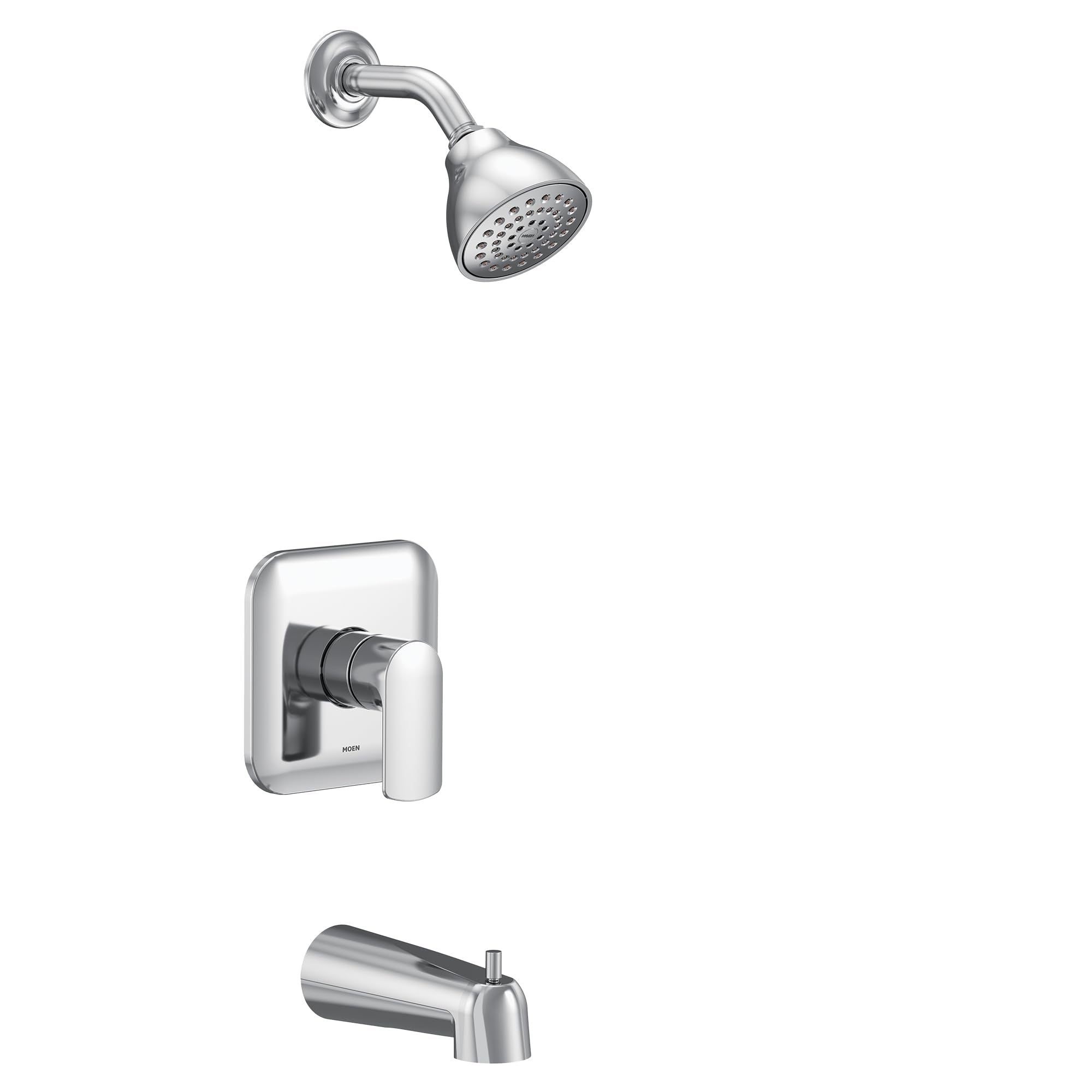 Chrome showerhead with curved arm, valve trim with single handle, and tub spout.
