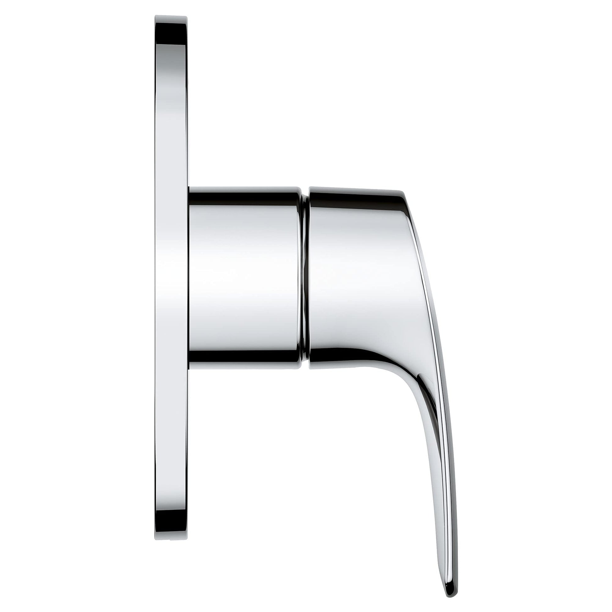 Chrome pressure balance valve trim with single curved lever handle and circular mounting plate.
