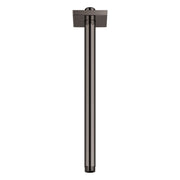Dark gray cylindrical ceiling shower arm with square mounting flange at top.