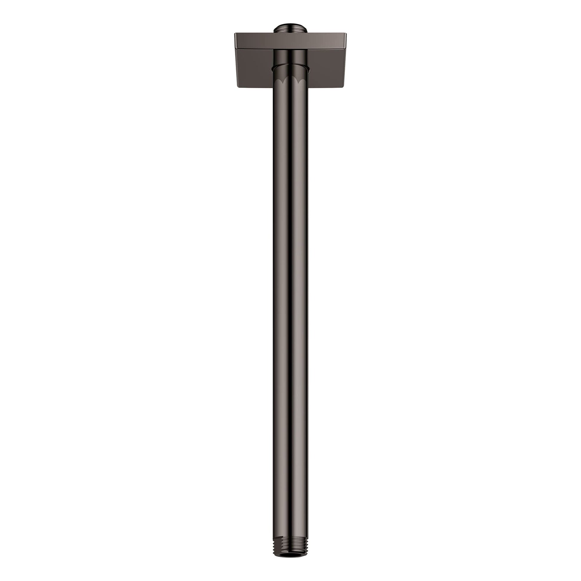 Dark gray cylindrical ceiling shower arm with square mounting flange at top.