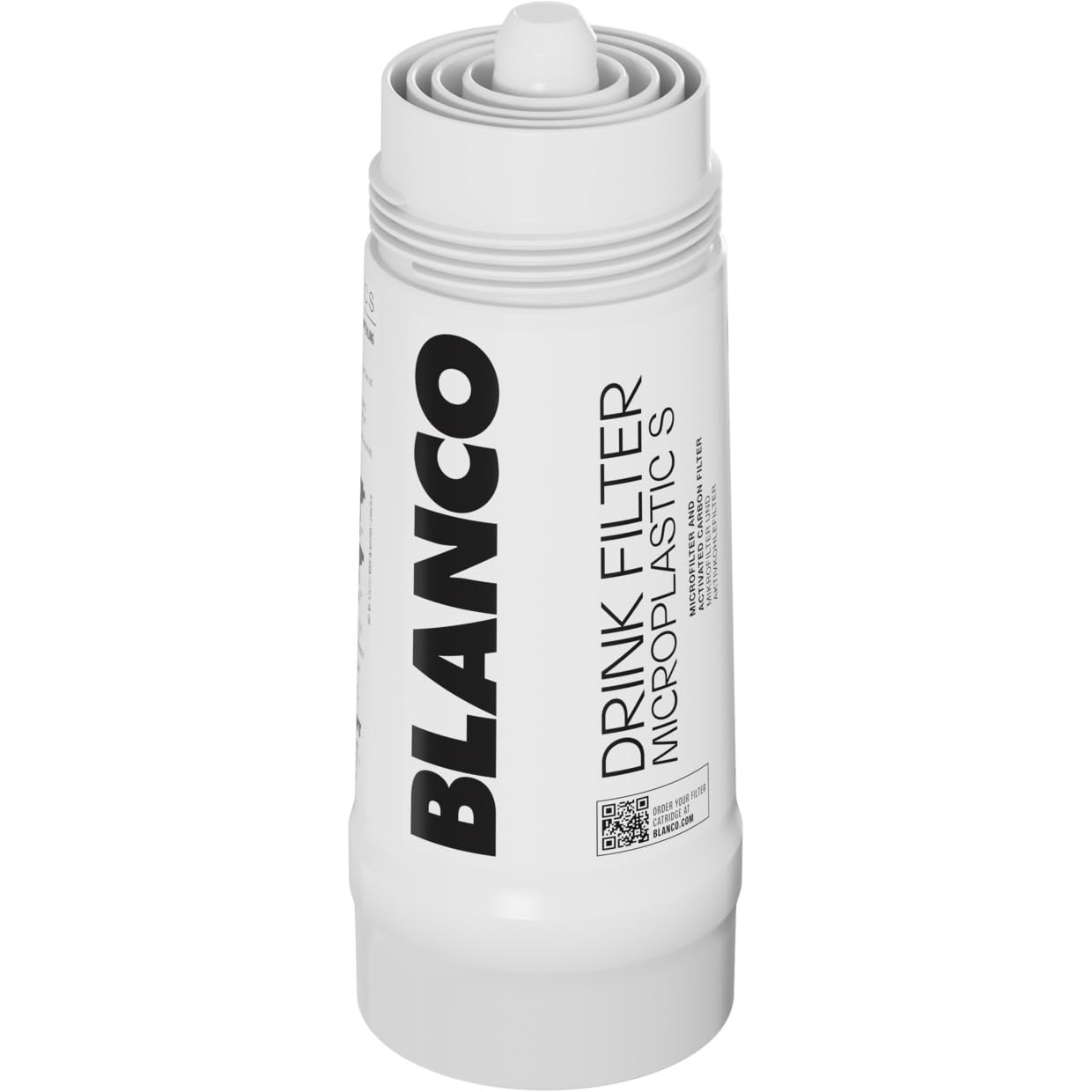 White cylindrical Blanco drink filter microplastics replacement cartridge with ridged bands and connector cap.