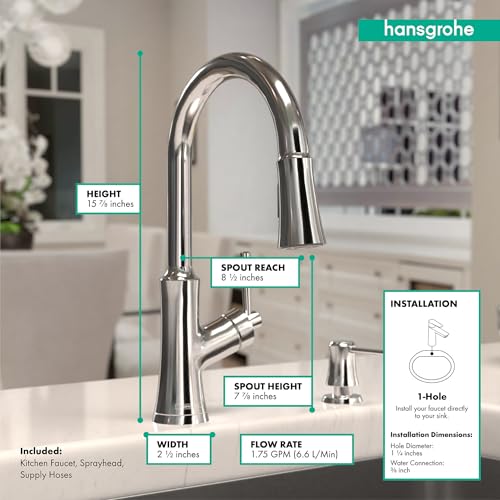 Chrome high-arc kitchen faucet with pull-down sprayer head and single lever handle.