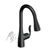 Matte black pulldown kitchen faucet with curved spout, single handle, and motion sensor indicated by hand gesture.