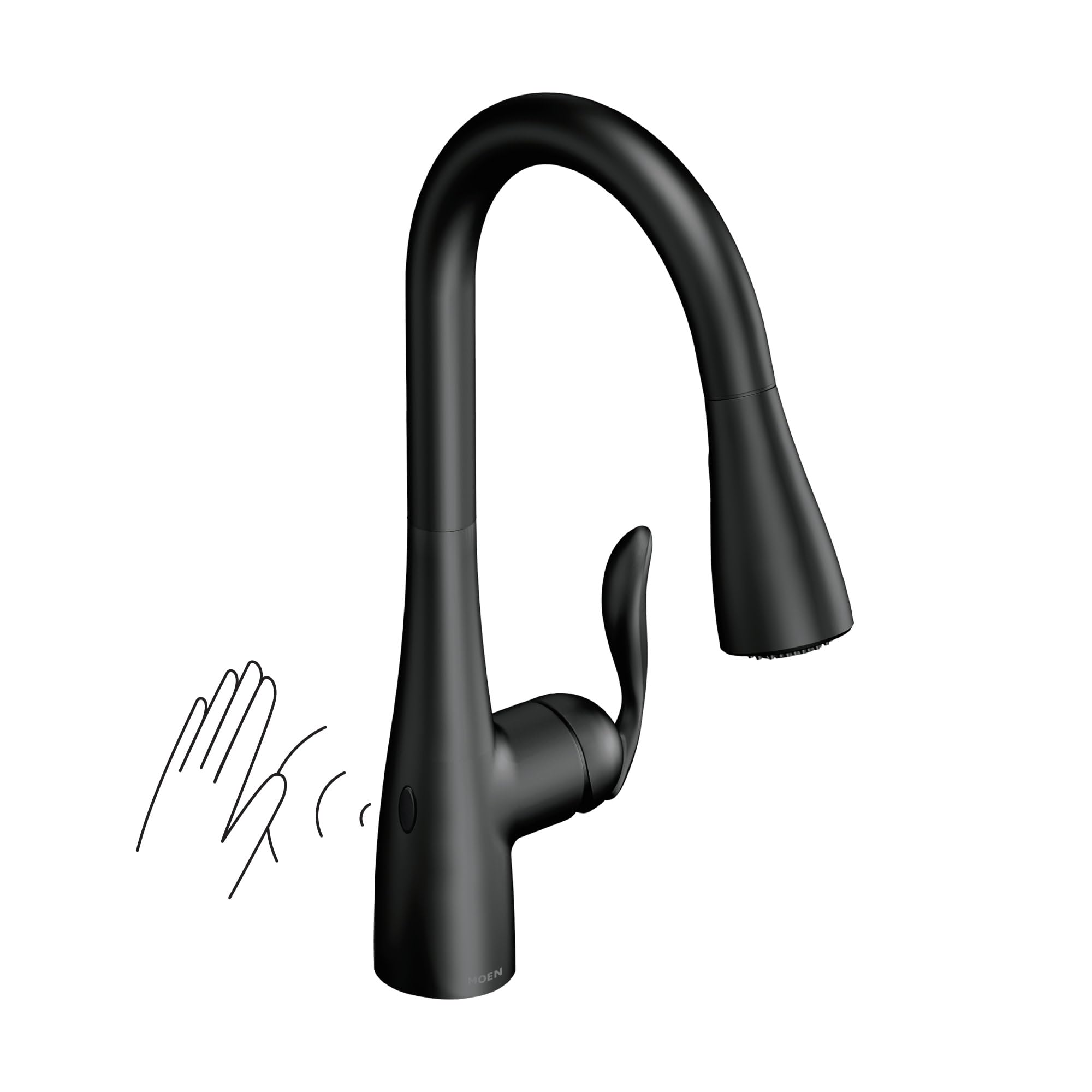 Matte black pulldown kitchen faucet with curved spout, single handle, and motion sensor indicated by hand gesture.
