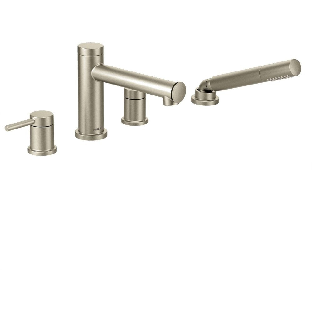 Brushed nickel two-handle deck mount tub faucet with curved spout and detachable handheld showerhead.
