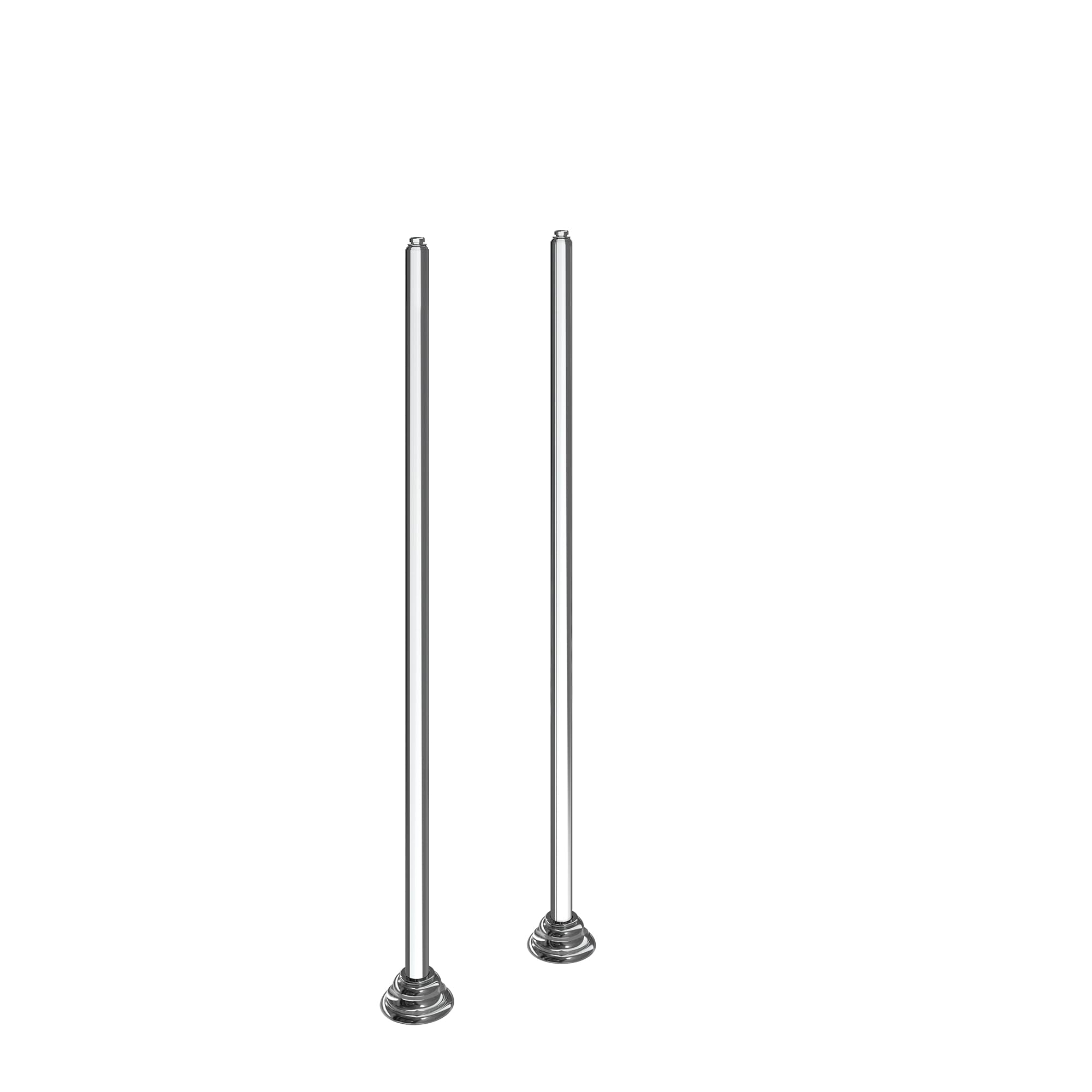 Chrome freestanding tub filler risers with two vertical stems and round bases.