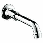 Chrome tub spout with curved tapered design and wall-mounted round flange.