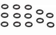 Twelve black rubber o-rings arranged on white background.