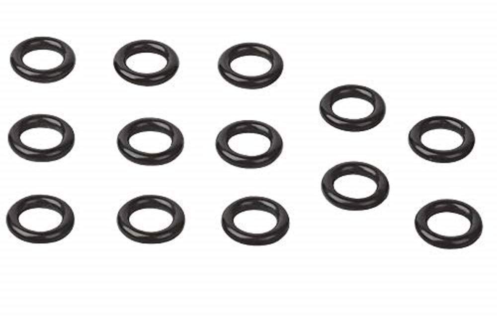 Twelve black rubber o-rings arranged on white background.