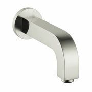 Brushed nickel curved tub spout with round wall-mounted escutcheon and angled outlet.