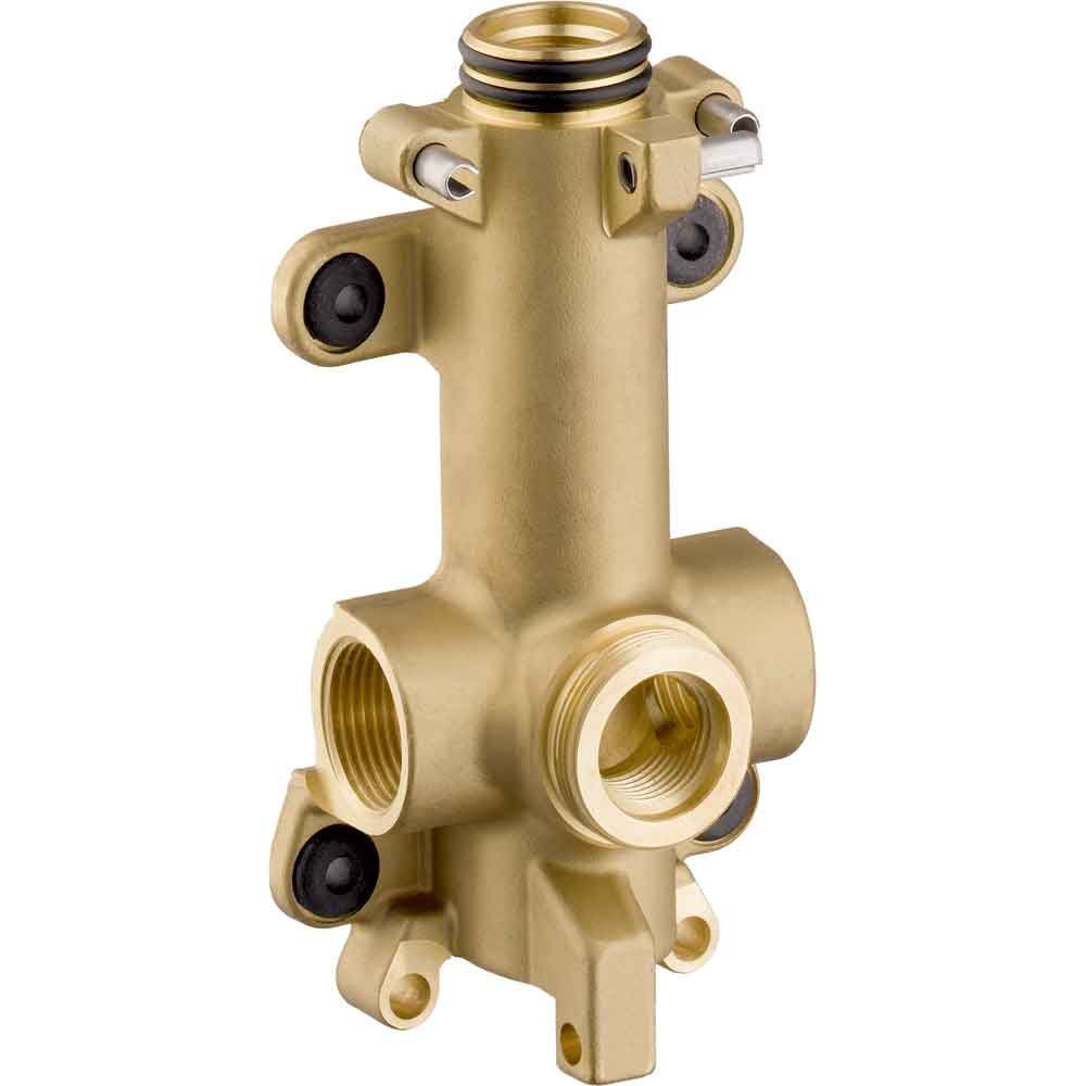 Brass rough-in valve with multiple threaded ports and black adjustment knobs for shower installation.