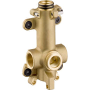 Brass rough-in valve with multiple threaded ports and black adjustment knobs for shower installation.