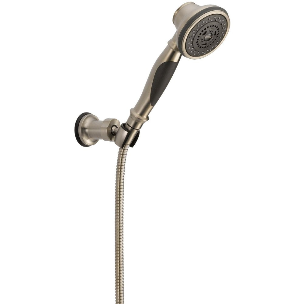 Brushed nickel hand shower with adjustable spray head, black grip handle, wall mount bracket, and flexible hose connection.