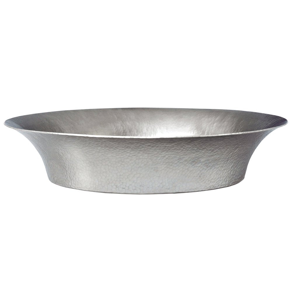Hammered copper vessel sink with wide oval basin and textured finish in brushed metal tone.
