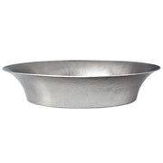Hammered copper vessel sink with wide oval basin and textured finish in brushed metal tone.