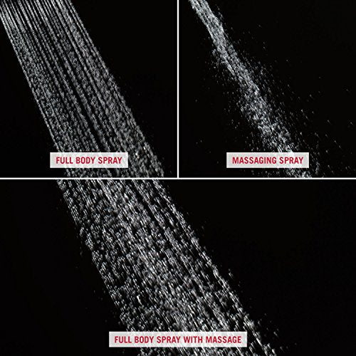 Three spray patterns from brushed nickel shower head: full body spray, massaging spray, and combined full body spray with mas