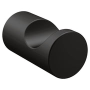 Matte black cylindrical robe hook with curved arm and round mounting flanges on both ends.