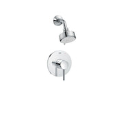 Chrome shower valve combo with round trim plate, lever handle, and adjustable showerhead on curved arm.
