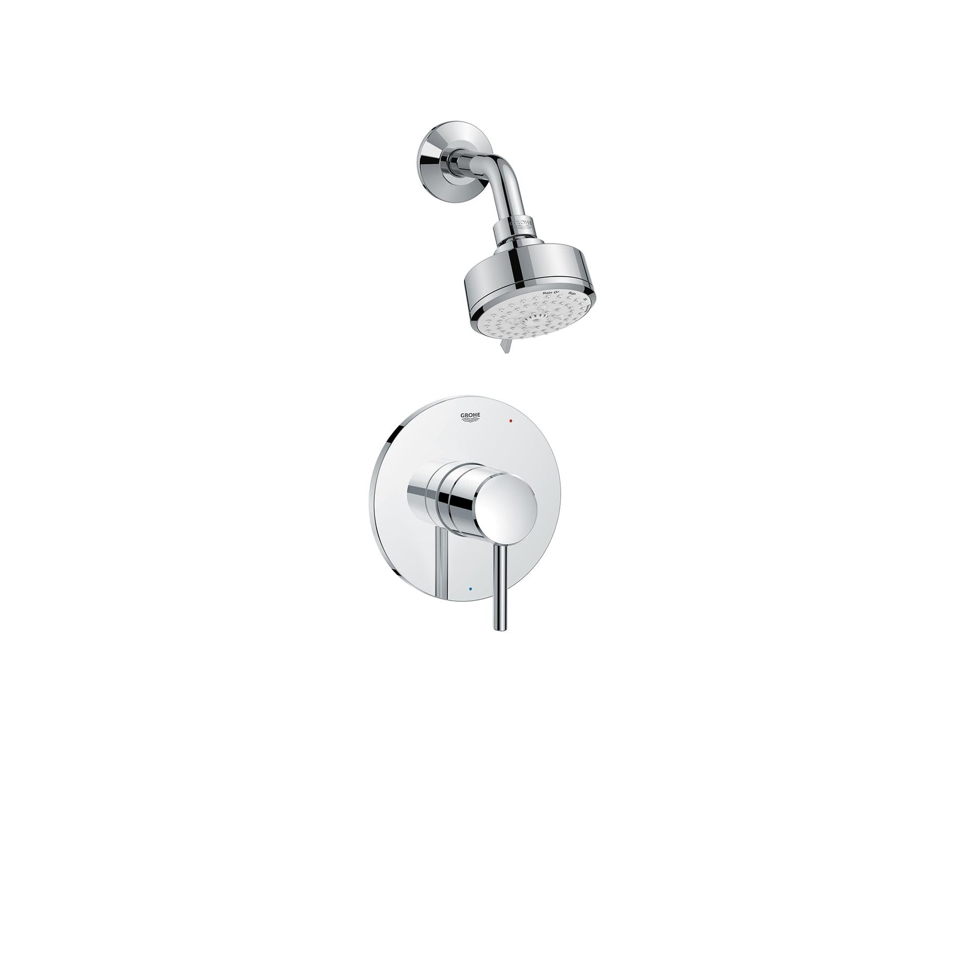 Chrome shower valve combo with round trim plate, lever handle, and adjustable showerhead on curved arm.