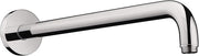 Chrome shower arm with round wall mount and angled end connection for overhead rainfall showerhead.