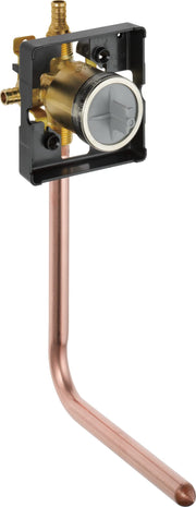 Brass pressure balance valve with black mounting bracket and copper supply line attached.