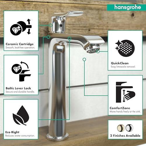 Tall chrome single-hole bathroom faucet with curved spout and lever handle over white sink.