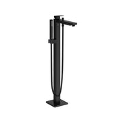 Matte black freestanding tub faucet with single handle, curved spout, and hand shower attachment on square base.