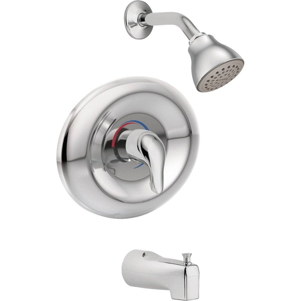 Chrome tub and shower trim kit with round escutcheon, lever handle, showerhead, and tub spout.