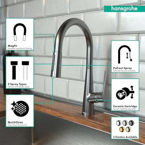 Hansgrohe Talis S brushed black chrome high-arc kitchen faucet with pull-down spray head installed over sink.