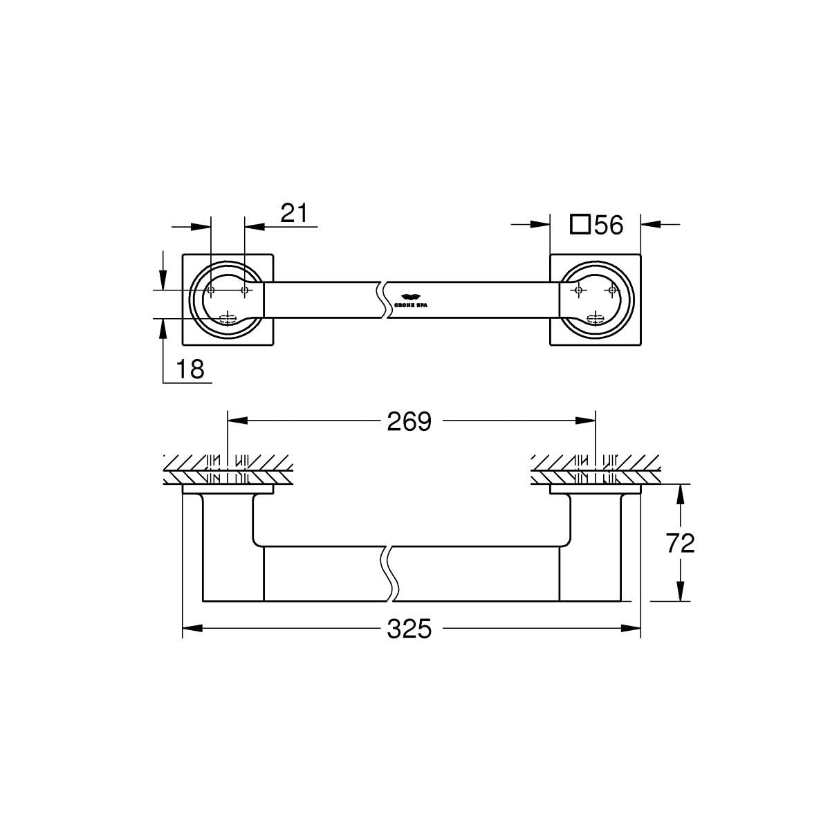 Chrome grab bar with curved centerline design and square wall mounting plates, shown in top and side sectional views with dim
