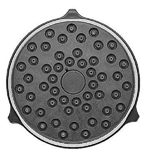 Round chrome shower spray face plate with multiple small circular jets and center control opening.