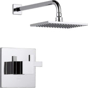 Chrome shower trim with square wall-mounted showerhead and single-lever thermostatic control valve.