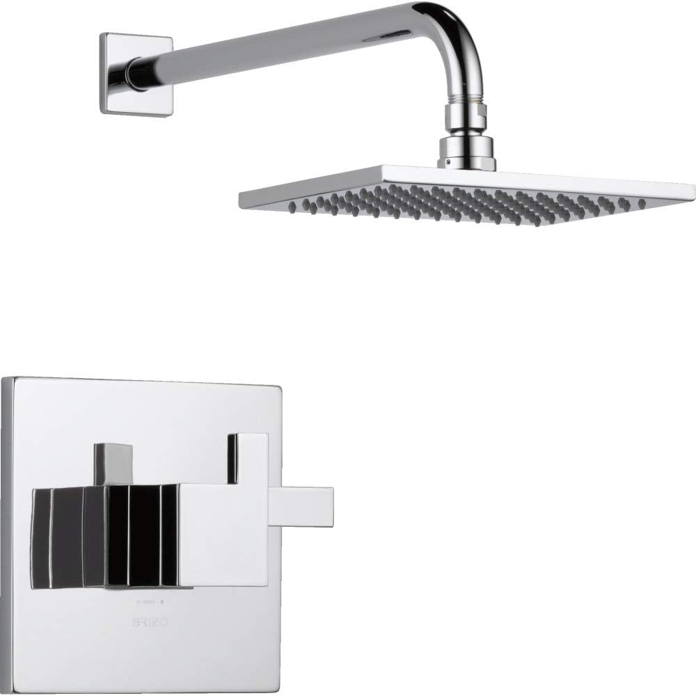 Chrome shower trim with square wall-mounted showerhead and single-lever thermostatic control valve.