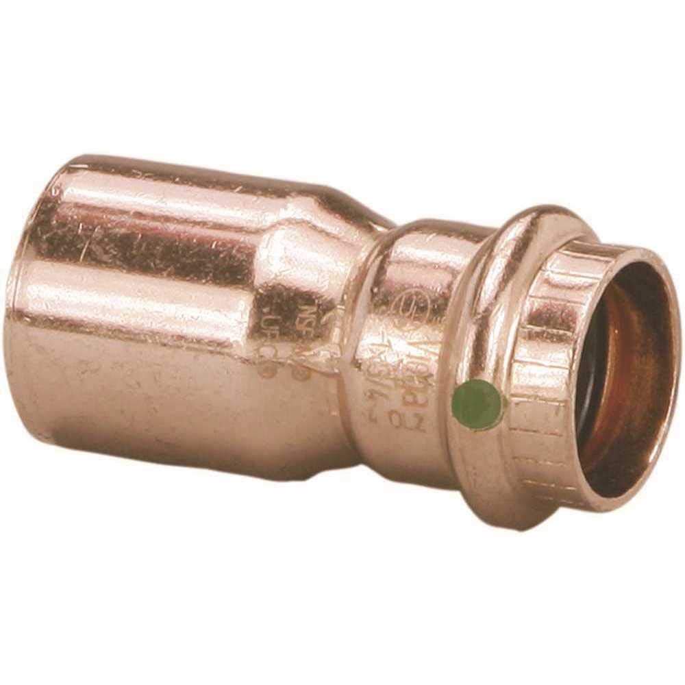 Copper press reducer fitting with larger diameter inlet on left and smaller diameter outlet on right, green indicator dot vis
