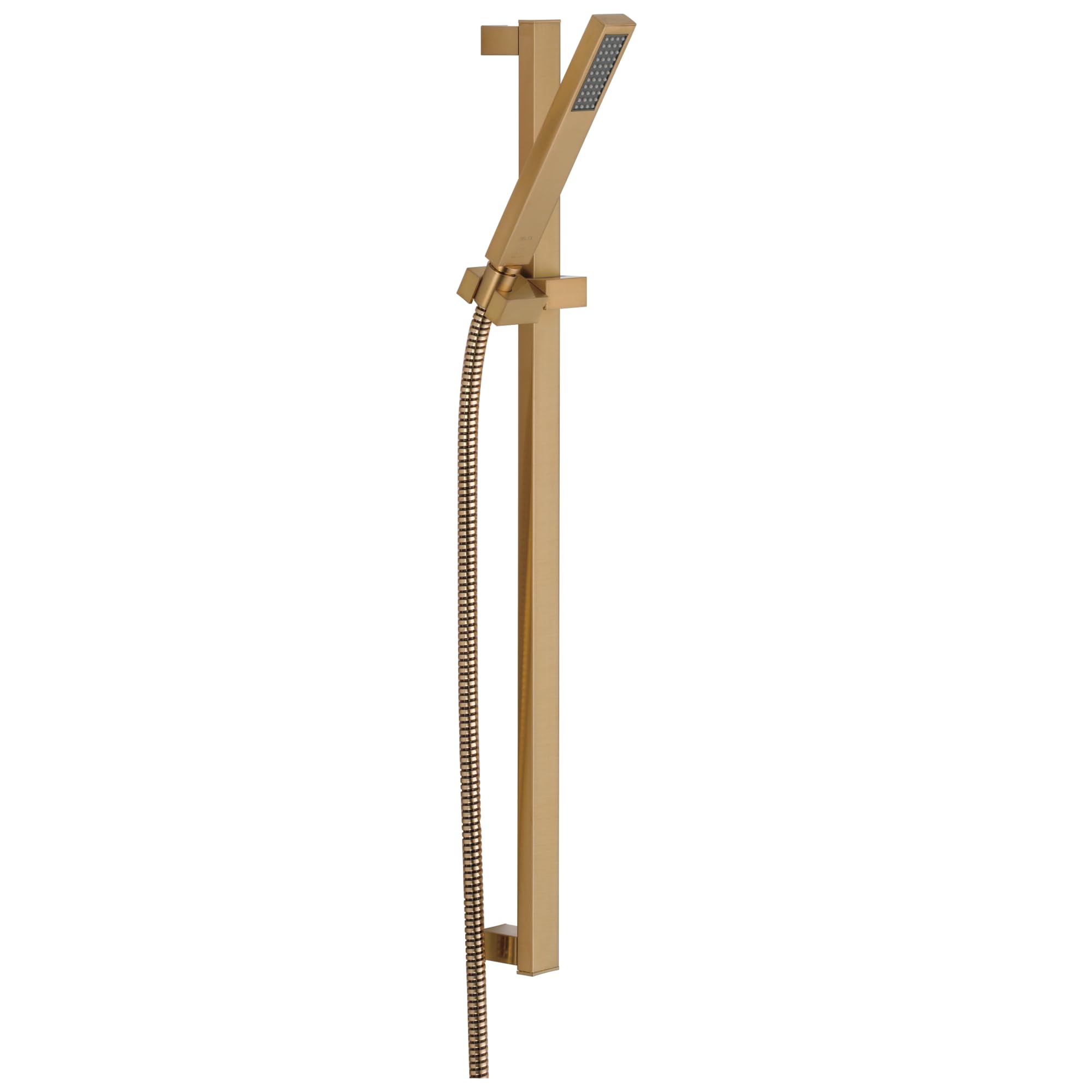 Champagne bronze slide bar hand shower with rectangular head and coiled hose attachment on vertical rail.