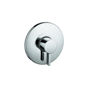 Chrome pressure balance valve trim with circular escutcheon plate and round handle lever.