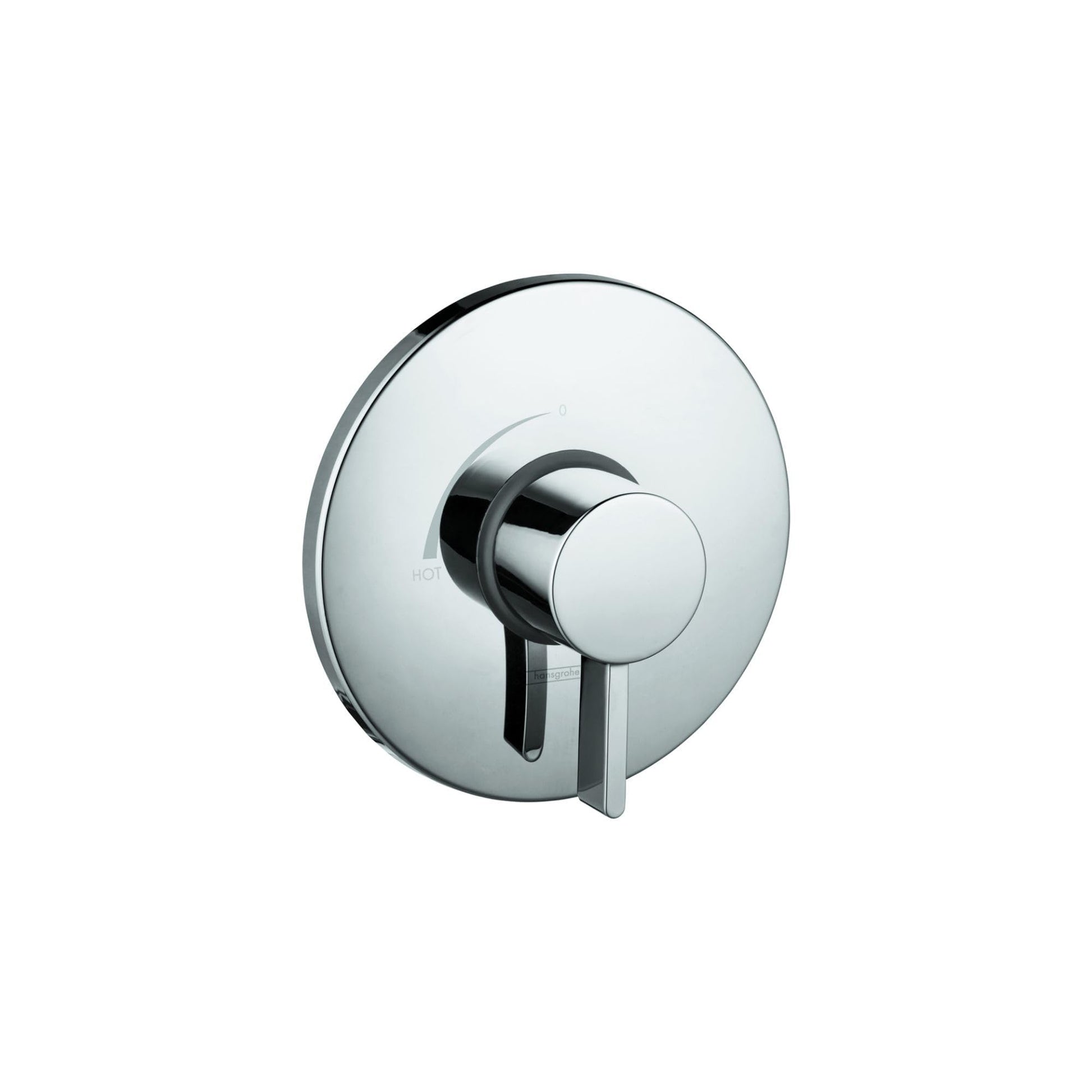 Chrome pressure balance valve trim with circular escutcheon plate and round handle lever.