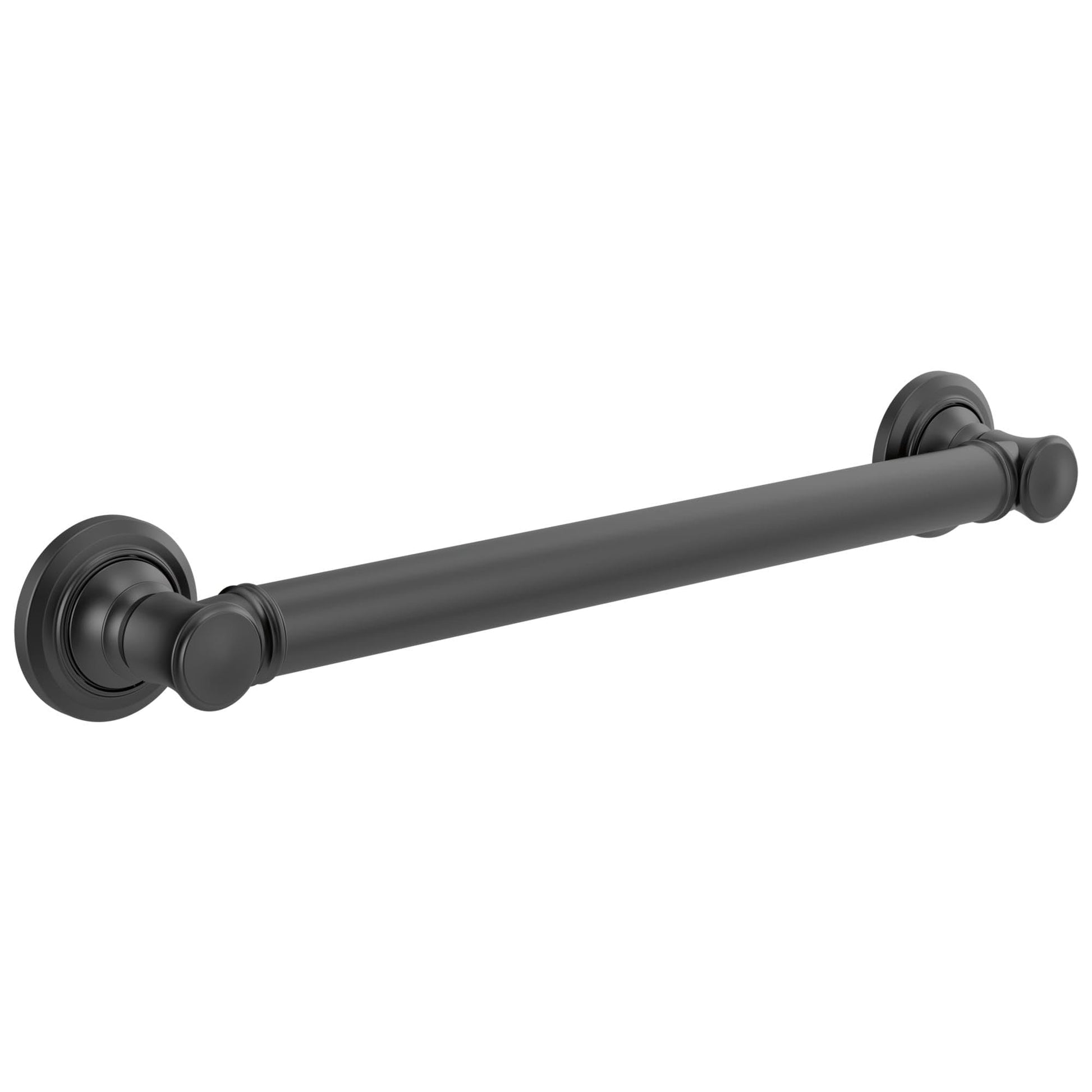 Matte black horizontal grab bar with decorative round flanges at each end.