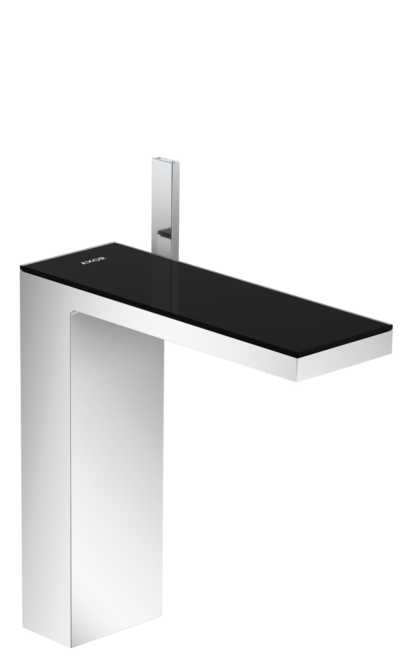 Chrome and black glass single-hole bathroom faucet with tall spout and rectangular black countertop basin.
