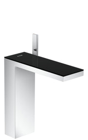 Chrome and black glass single-hole bathroom faucet with tall spout and rectangular black countertop basin.
