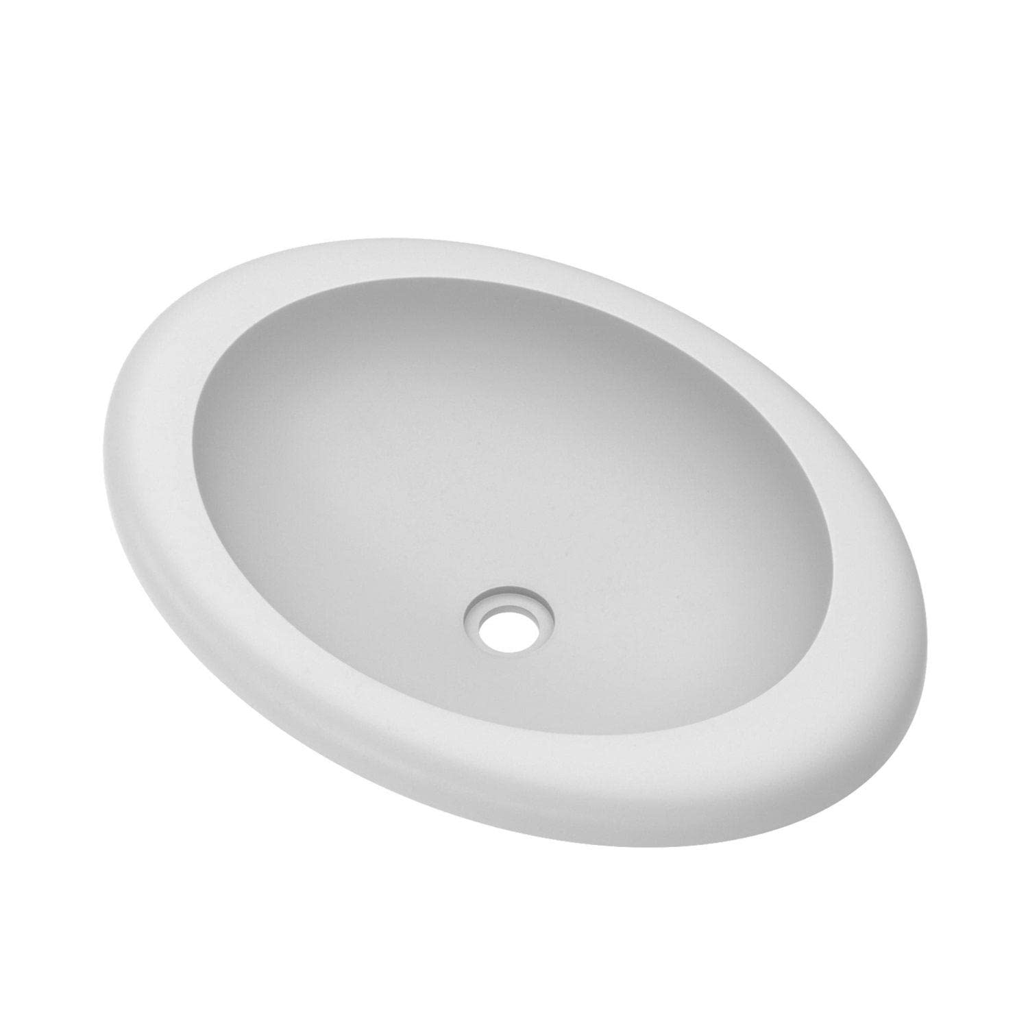 Pearl-colored oval bathroom sink with sloped rim and single drain hole.