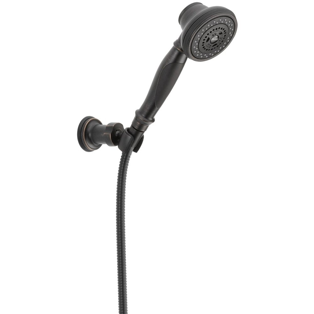 Black wall-mounted hand shower with perforated showerhead, adjustable arm, and flexible hose with control valve.