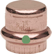 Copper press end cap with flat top, ribbed base, and green indicator dot.