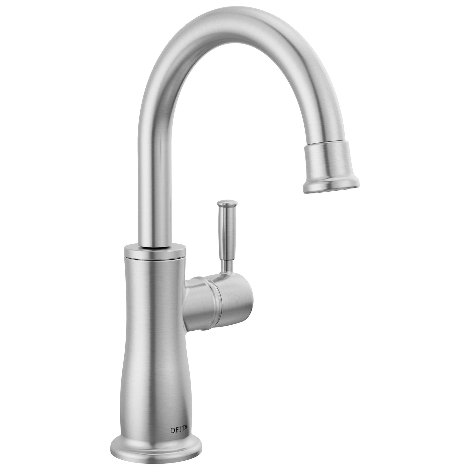 Stainless steel beverage faucet with curved spout, single handle lever, and cylindrical base.